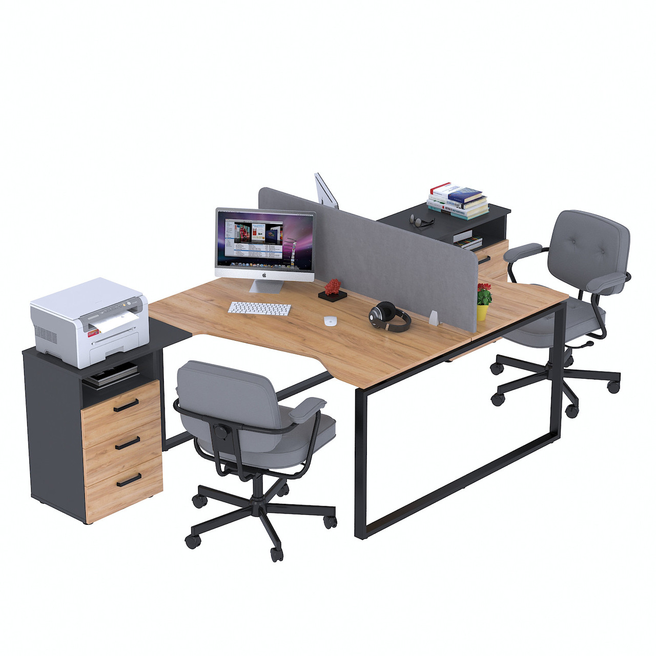 Стіл подвійний кутовий з тумбою ND2U-3S-135  Дуб Крафт золотой - Антрацит, фото 1