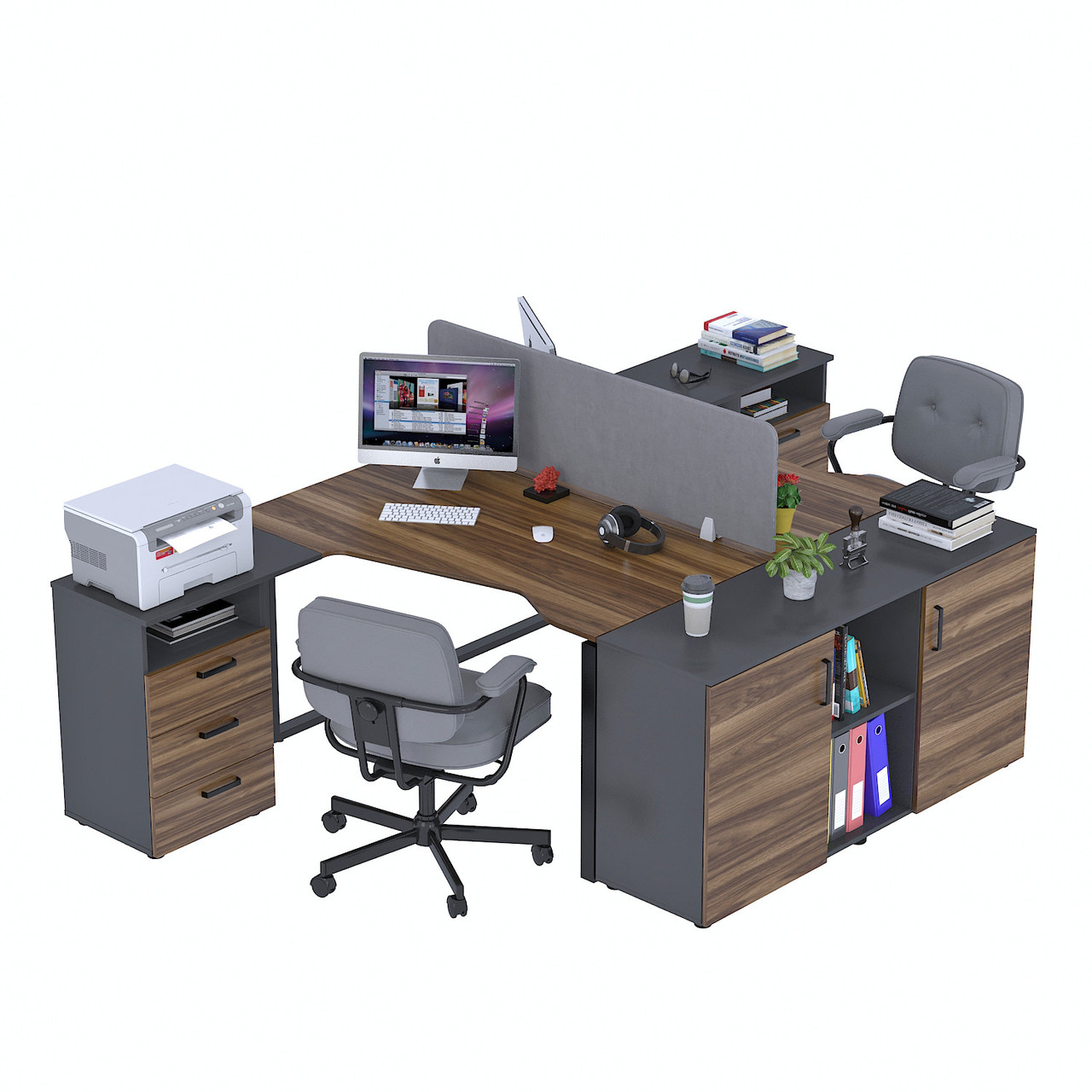 Стіл подвійний кутовий з тумбою ND2U-3S-135 + LT-141-75 Орех Модена - Антрацит, фото 1