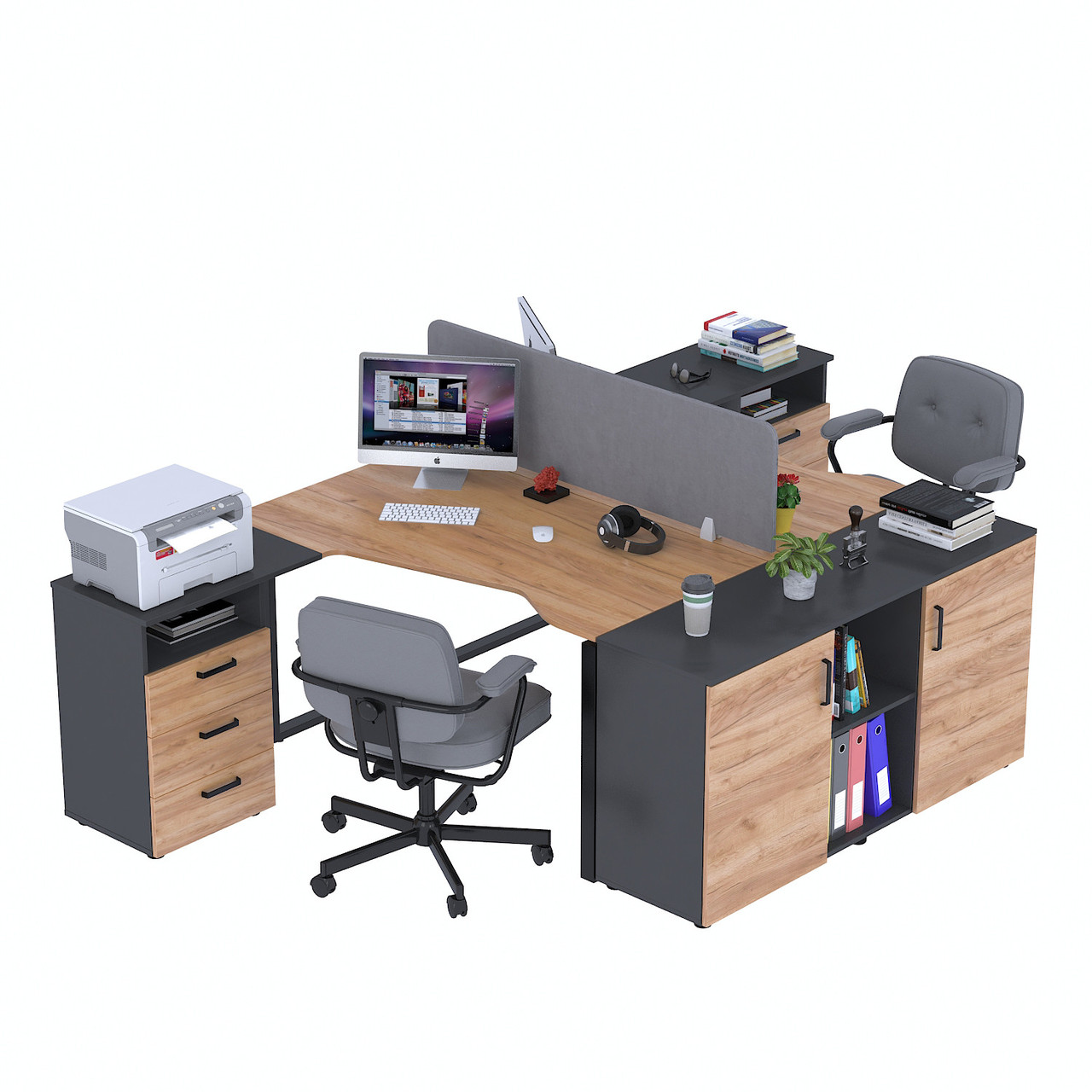 Стіл подвійний кутовий з тумбою ND2U-3S-135 + LT-141-75 Дуб Крафт золотой - Антрацит, фото 1