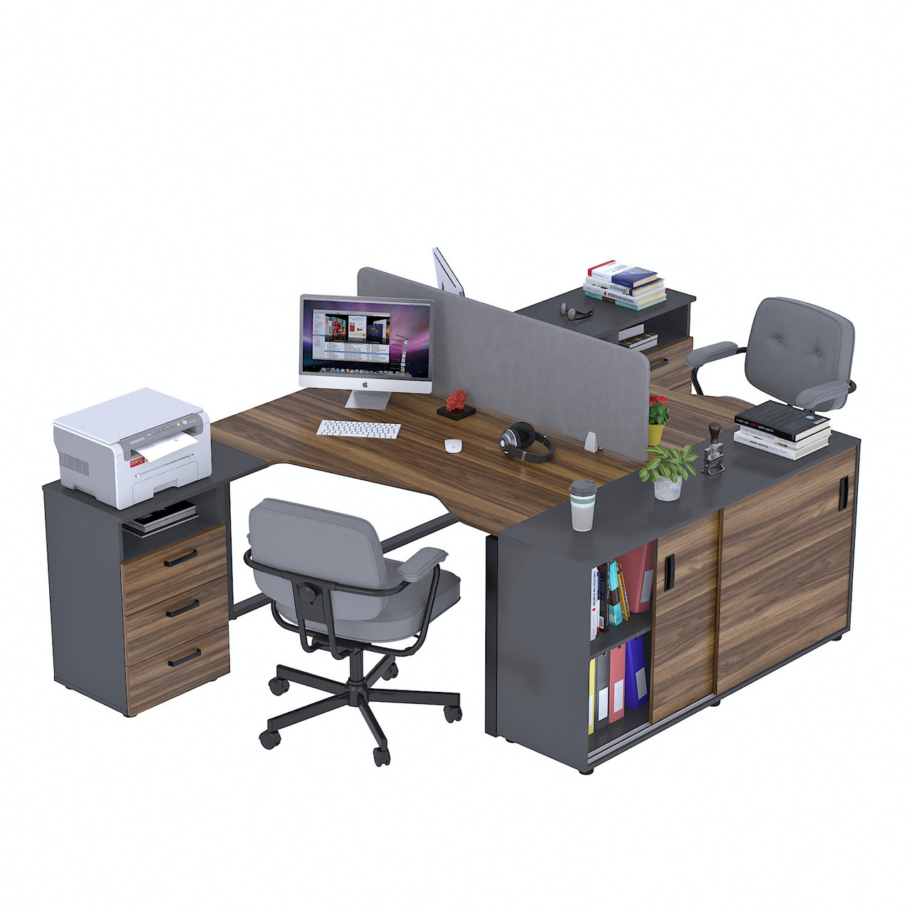 Стіл подвійний кутовий з тумбою ND2U-3S-135+LS-141-75 Орех Модена - Антрацит, фото 1