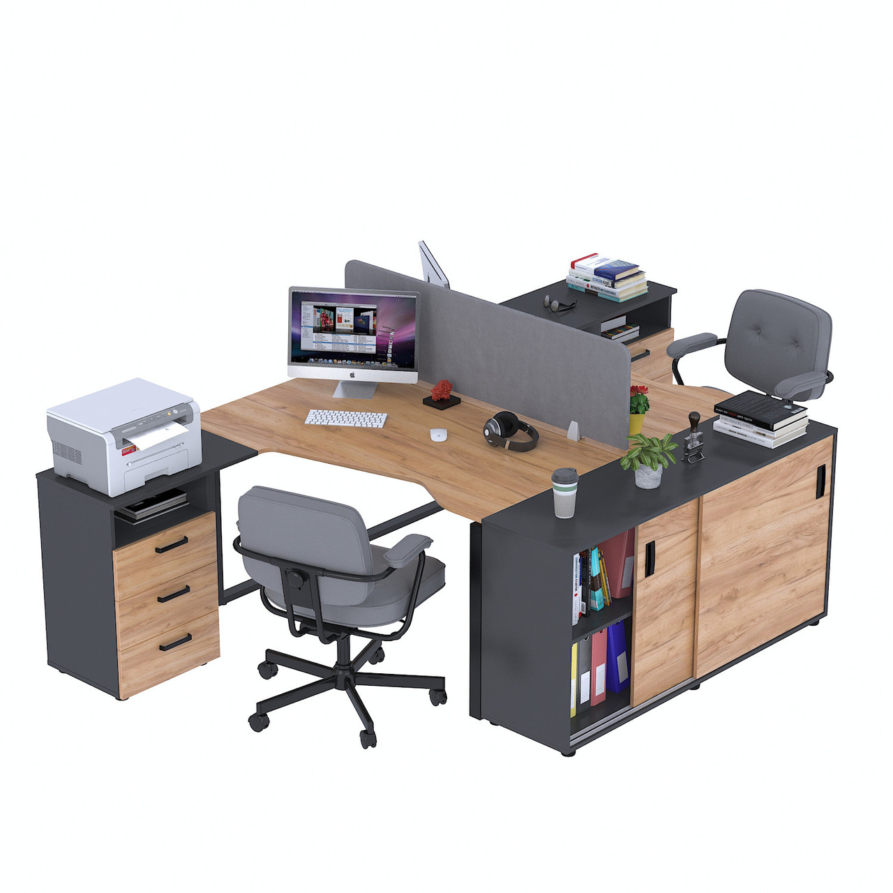 Стіл подвійний кутовий з тумбою ND2U-3S-135+LS-141-75 Дуб Крафт золотой - Антрацит, фото 1