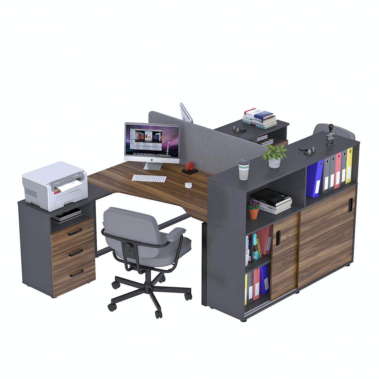 Стіл подвійний кутовий з тумбою ND2U-3S-135+LSN-141-112 Орех Модена - Антрацит, фото 1