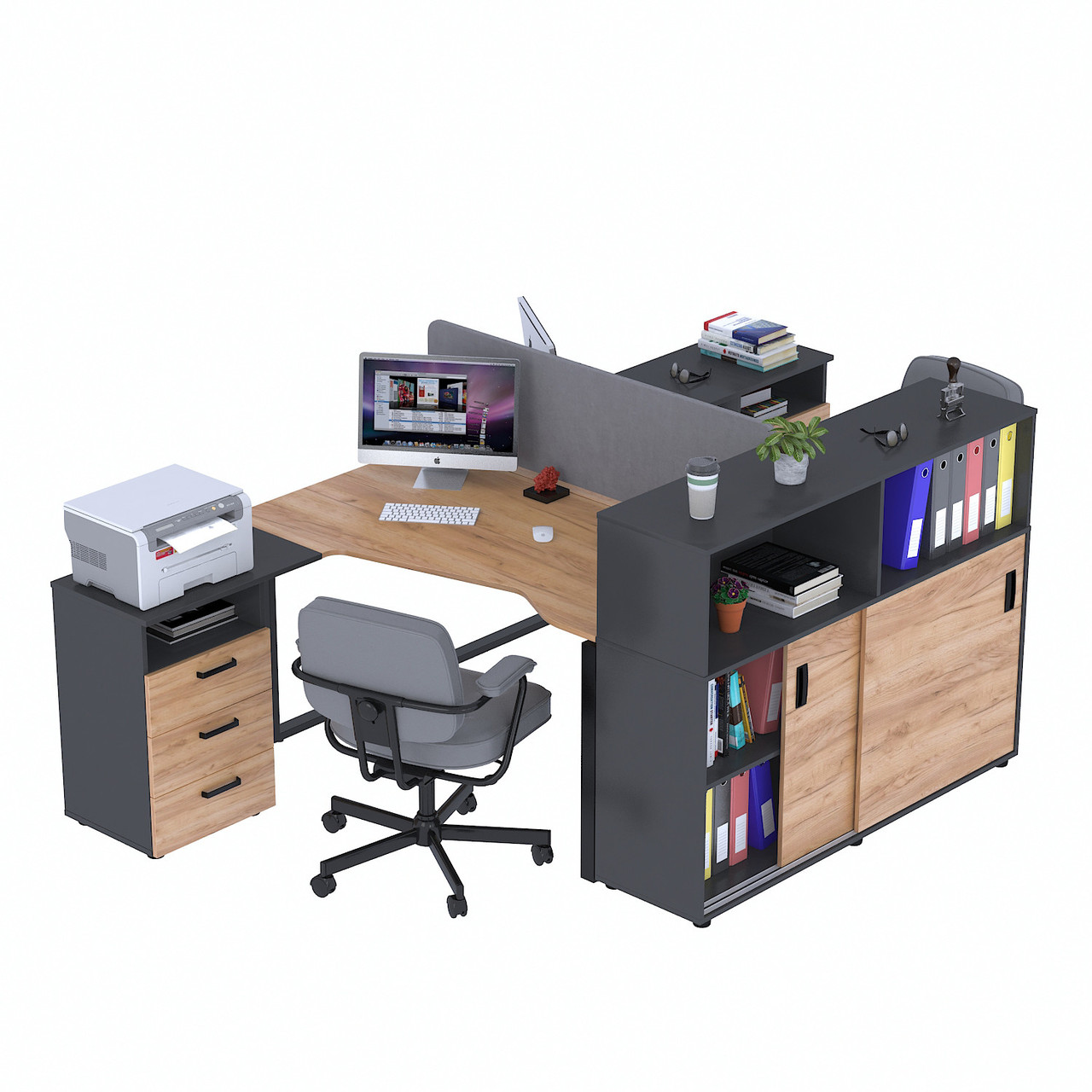 Стіл подвійний кутовий з тумбою ND2U-3S-135+LSN-141-112 Дуб Крафт золотой - Антрацит, фото 1