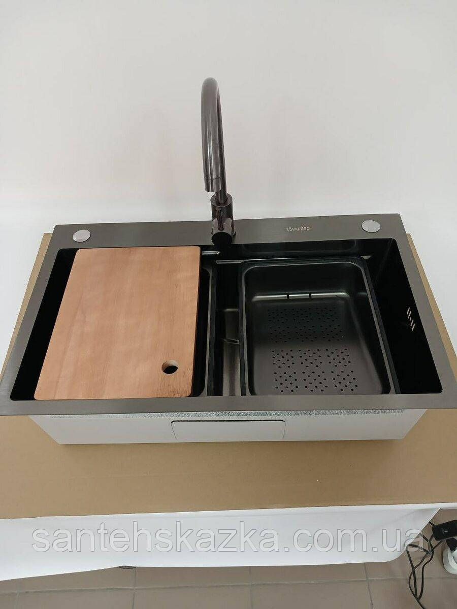 CM 75*46B Кухонна мийка PVD чорна (Work station) Valeso Handmade, фото 1