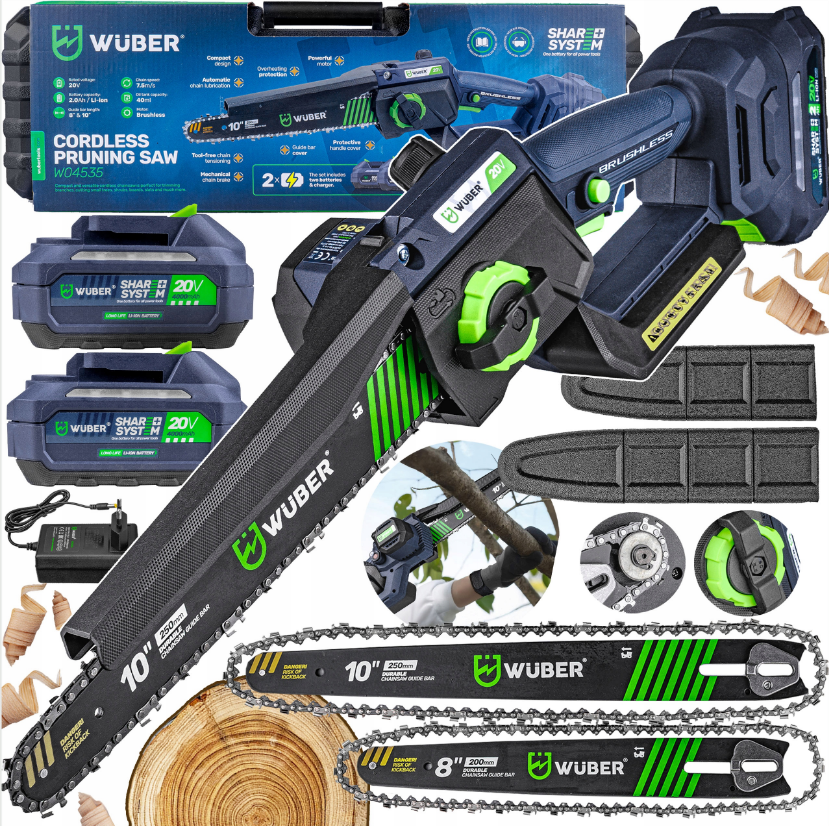 Акумуляторна пила ланцюгова + 2 акумулятори 2А·год 20В + 2 шини Wuber (Польща), фото 1