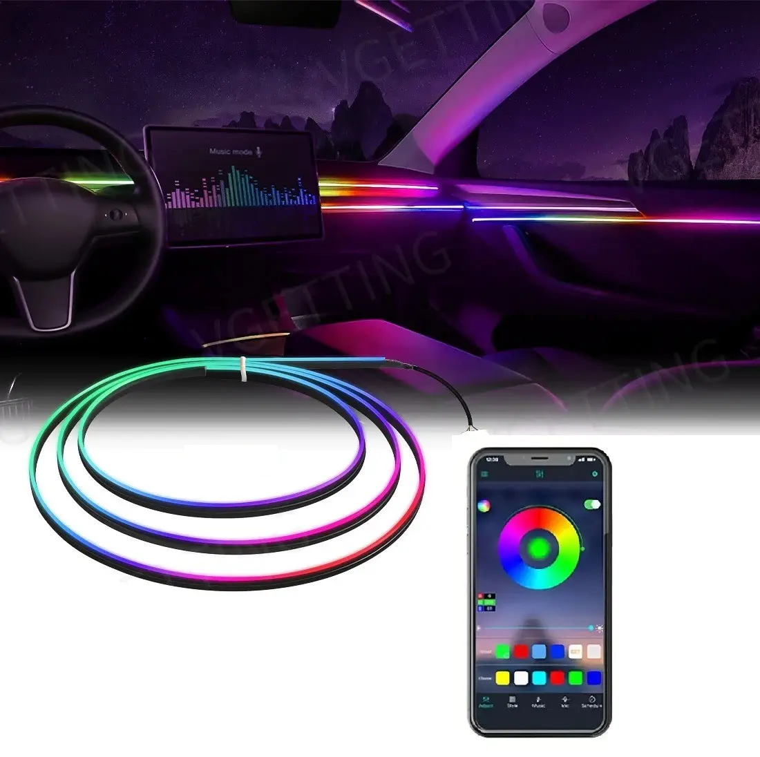 Підсвітка салону Ambient light Rgb, світлодіодна стрічка торпеди USB Bluetooth багатобарвна