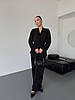 Чорний вишуканий брючний костюм-двійка тканина пліссе: широкі штани та подовжена кофта кімоно з поясом, фото 6