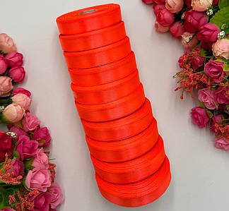 Атласна стрічка для рукоділля - 1,2см x 23 м (опт, 10 рулонів)  / Помаранчевий неон