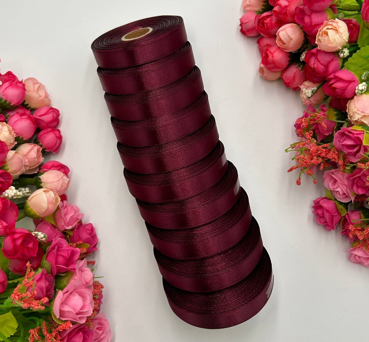ОПТ / Упаковка - 10 рулонів / Атласна стрічка / 1,2 см / 23 метри / Марсала, фото 1