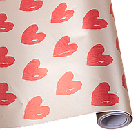 Подарунковий папір 70 см х 10 м "Червоні великі сердечка на золотому сатині"