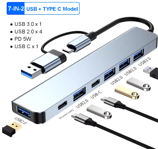 USB-концентратор 5 портів 2 type-c ABS-концентратор, USB 3.0, 2.0 для ноутбука, мультисплиттер адаптер