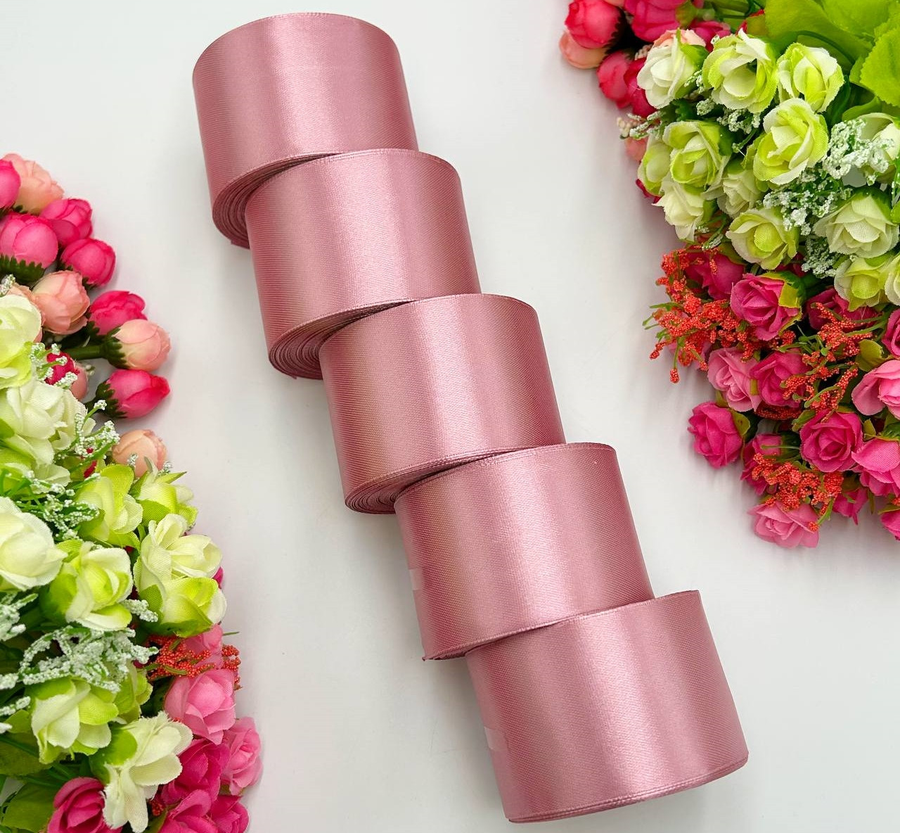 Атласна стрічка для рукоділля - 5 см x 23 м (опт, 5 рулонів)  / Пудровий, фото 1