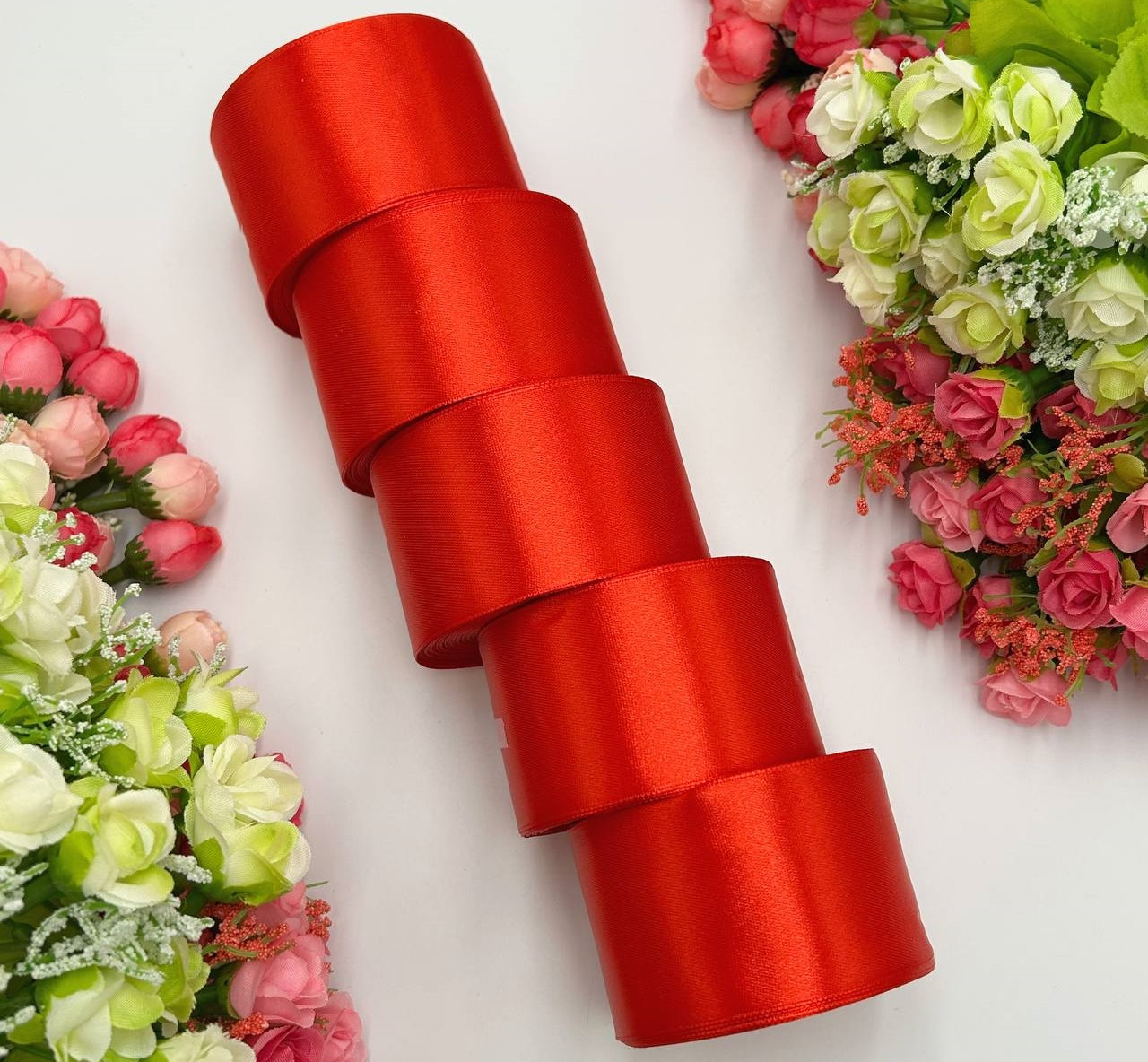 Атласна стрічка для рукоділля - 5 см x 23 м (опт, 5 рулонів) / Червоний, фото 1