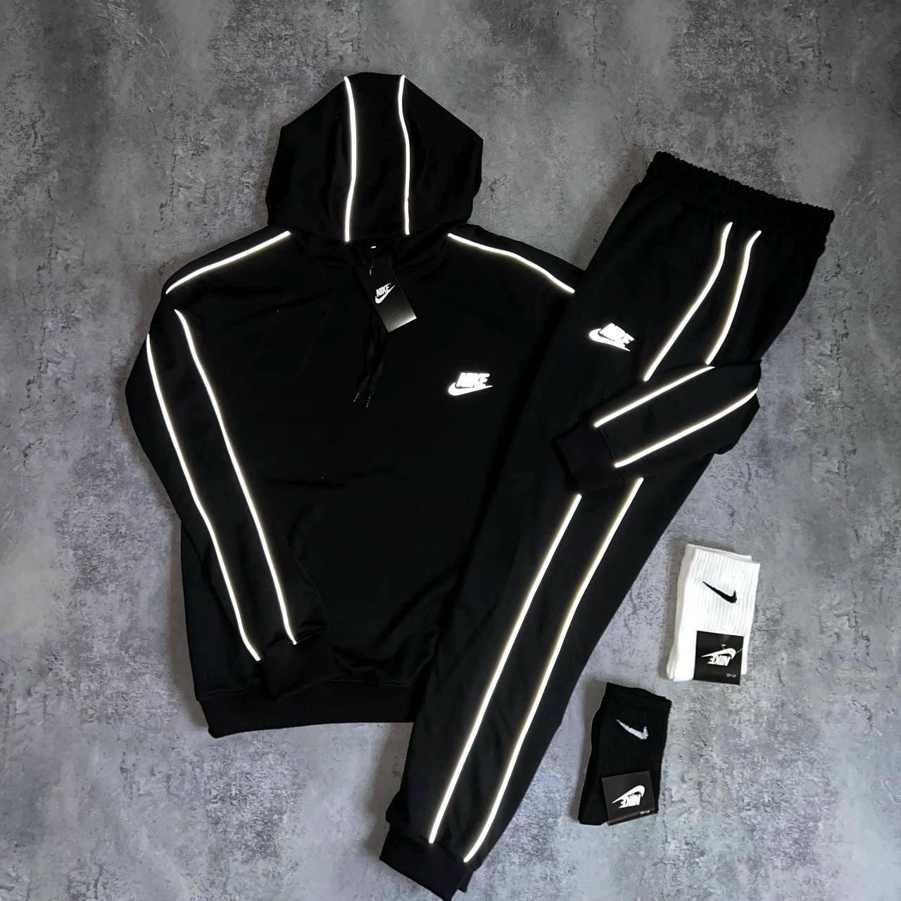 Чоловічий спортивний костюм Nike чорний рефлектив з капюшоном Найк Худі + Штани весняний осінній