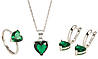 Комплект срібних прикрас з зеленим сердечком 925 проби Green Heart Set сережки, підвіска, кільце, фото 2