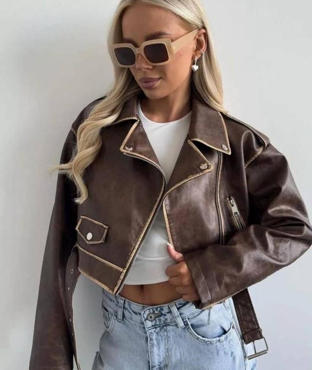 куртка косуха из эко-кожи коричневая укороченная