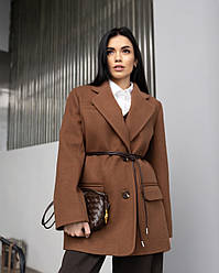 Жіноче актуальне пальто піджак з поясом із тканини з високим вмістом вовни