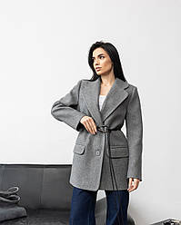 Жіноче сіре актуальне пальто піджак з поясом із тканини з високим вмістом вовни