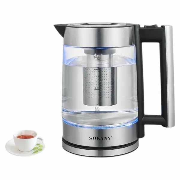Електрочайник скляний з підсвіткою Sokany SK-09062 на 1.8л 1800Вт із заварювальним фільтром і скритним диском