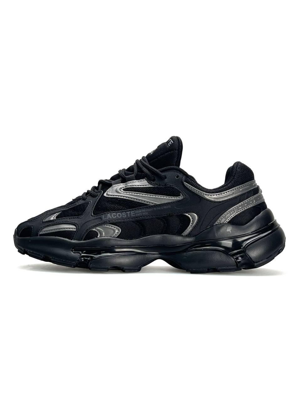 Чоловічі шкіряні текстиль кросівки Lacoste L003 2K24 All Black Silver, кеди Лакоста чорні 41