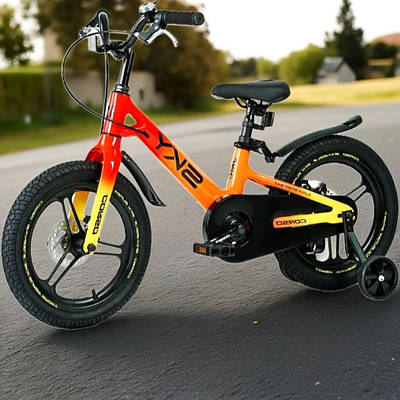 Крутий дитячий велосипед помаранчевий лисапед 16" Педальний транспорт новачкові для активного відпочинку Дзвінок на кермі