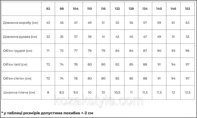 Таблиця розмірів