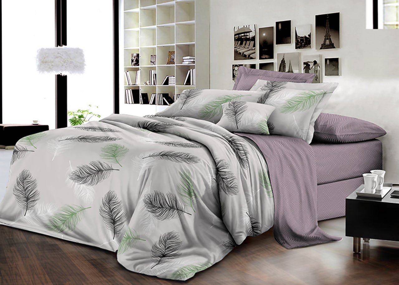 Постільна білизна Королева Ночі (Ранфорс) | Сімейний комплект | 50х70 | Пір'я на сірому, фото 1