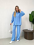 Блакитний жіночий вільний прогулянковий костюм з американського крепу: сорочка та штани, фото 4