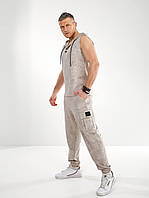 Костюм чоловічий літній спортивний в варений принт тай-дай: футболка без рукавів з капюшоном і штани з кишенями