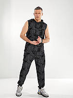 Костюм чоловічий літній спортивний в варений принт тай-дай: футболка без рукавів з капюшоном і штани з кишенями