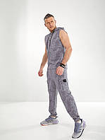 Костюм чоловічий літній спортивний в варений принт тай-дай: футболка без рукавів з капюшоном і штани з кишенями