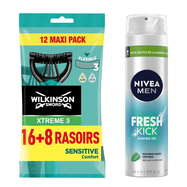 Одноразові станки Wilkinson Sword Xtreme 3 Sensitive (16+8 шт.) + Гель для гоління Nivea Men Fresh Kick