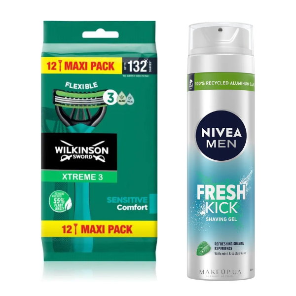 Одноразові станки Wilkinson Sword Xtreme 3 Sensitive (12 шт.) + Гель для гоління Nivea Men Fresh Kick 200 мл