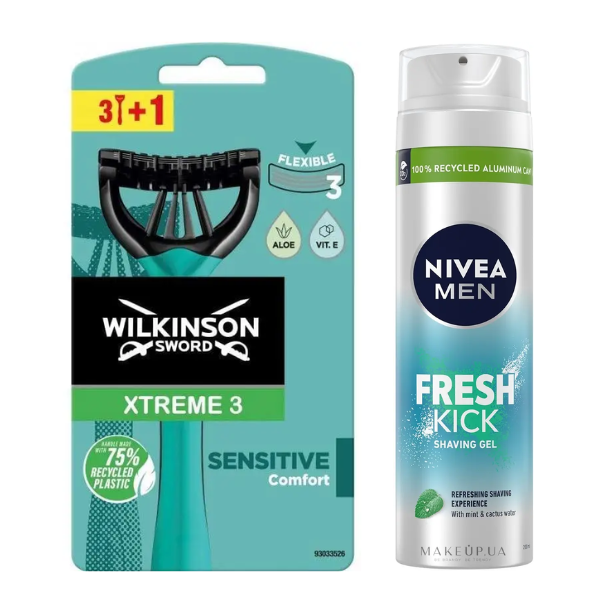 Чоловічі одноразові станки Wilkinson Sword Xtreme 3 Sensitive 3+1 + Гель для гоління Nivea Men Fresh Kick