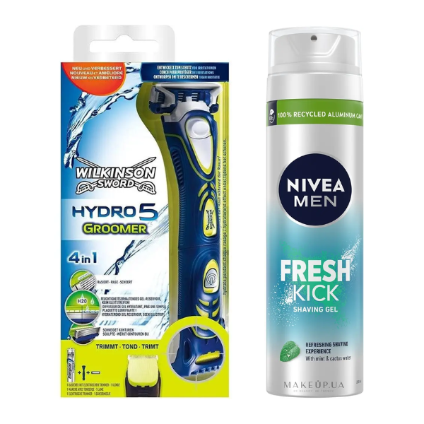 Станок для гоління 1 касета Wilkinson Sword Hydro 5 Groomer + Гель для гоління Nivea Men Fresh Kick 200 мл