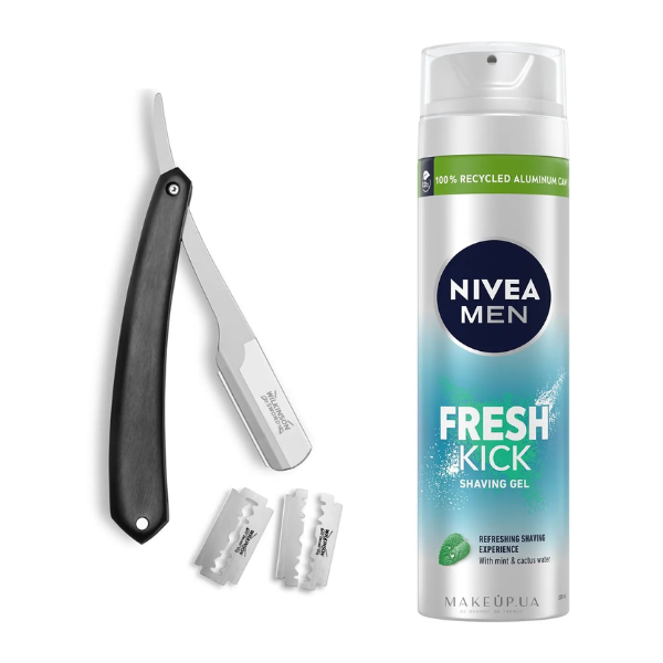 Небезпечна бритва Wilkinson Sword Barber's Style The Pioneer + 5 лез + Гель для гоління Nivea Men Fresh Kick 200 мл