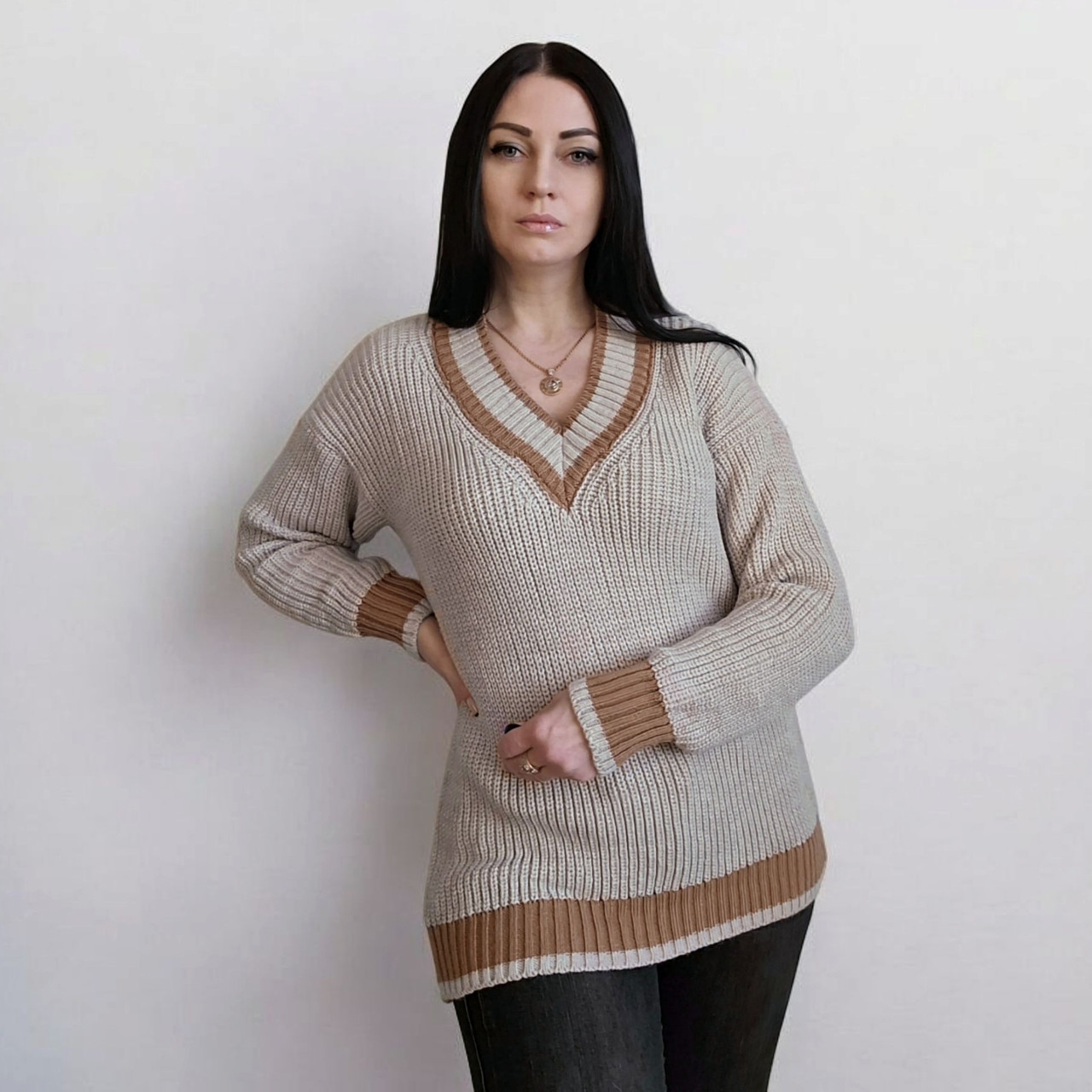 Светр в'язаний жіночий бежевий. One Size, фото 1