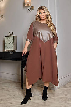 Сукня жіноча демісезонна з креп-дайвинга зі вставками з еко-шкіри (Батал)