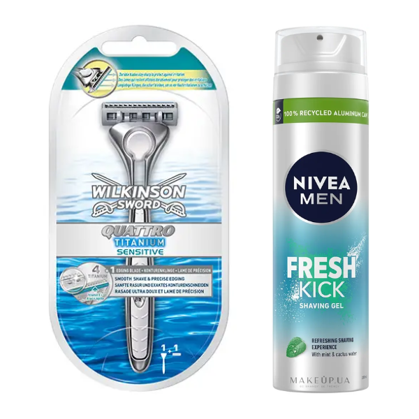 Станок для гоління Wilkinson Sword Quattro Titanium Sensitive 1 картридж + Гель для гоління Nivea Men Fresh Kick 200 мл W0089