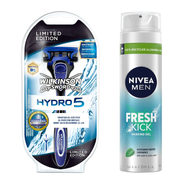 Чоловічий станок для гоління Wilkinson Sword Hydro 5 Limited Edition (1 картридж) + Гель для гоління Nivea Men Fresh Kick 200 мл