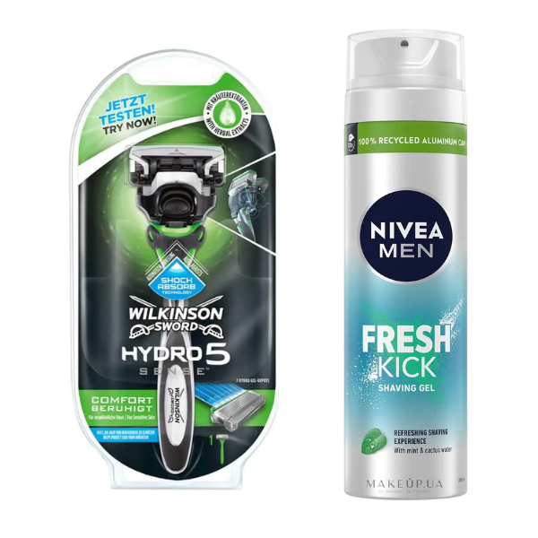 Чоловічий станок для гоління Wilkinson (Schick) Hydro 5 Sense 1 картридж + Гель для гоління Nivea Men Fresh Kick 200 мл