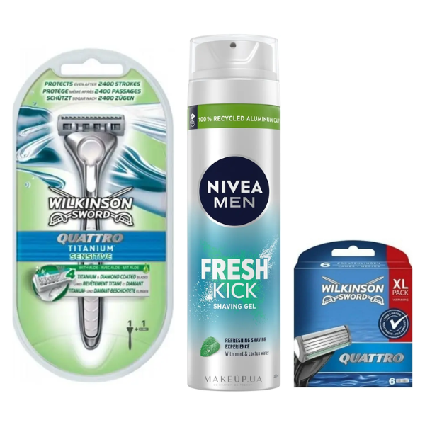 Станок для гоління Wilkinson Sword Quattro Titanium Sensitive + 6 картриджів + Гель для гоління Nivea Men Fresh Kick 200 мл
