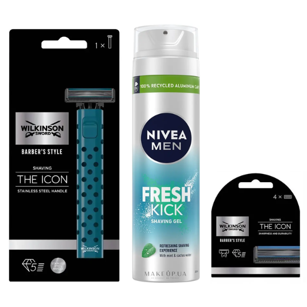 Станок для гоління Wilkinson Sword Barber's Style The Icon + 4 касети + Гель для гоління Nivea Men Fresh Kick 200 мл