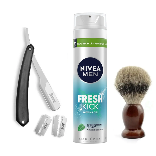 Небезпечна бритва Wilkinson Sword Barber's Style The Pioneer + Помазок для гоління Shima + Гель для гоління Nivea Men Fresh Kick