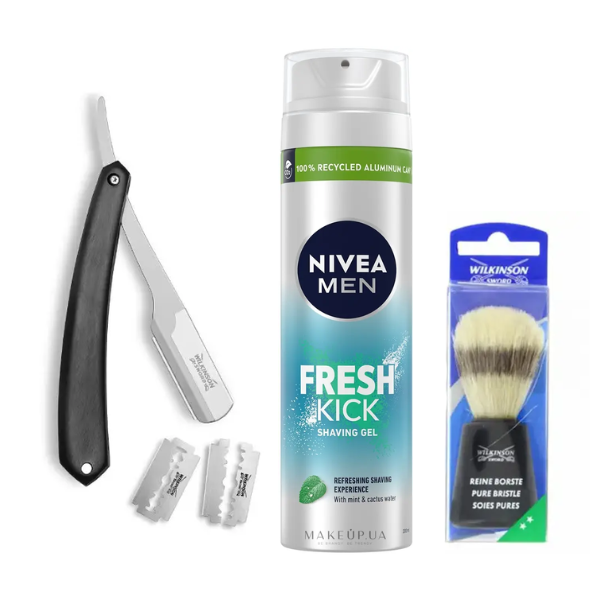 Небезпечна бритва Wilkinson Sword Barber's Style The Pioneer + Помазок для гоління + Гель для гоління Nivea Men Fresh Kick 200 мл