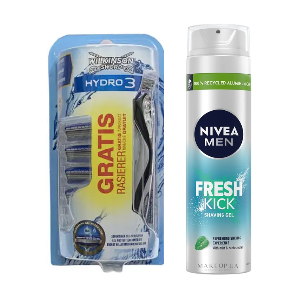 Станок для гоління Wilkinson Hydro 3 (5 картриджів) + Гель для гоління Nivea Men Fresh Kick 200 мл