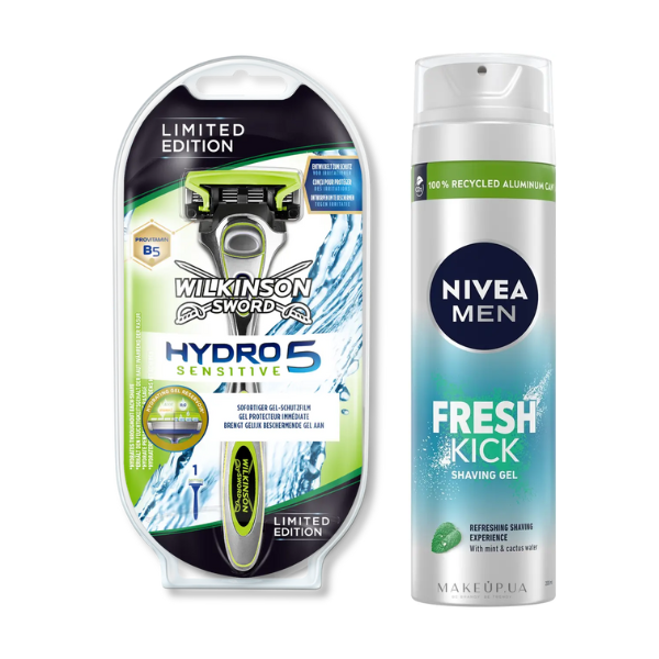 Станок для гоління Wilkinson Sword Hydro 5 Sensitive Limited Edition + Гель для гоління Nivea Men Fresh Kick 200 мл