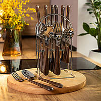 Набір столових приборів 24 предметів на підставці ложки виделки та ножі нержавіюча сталь з дерев'яними ручками