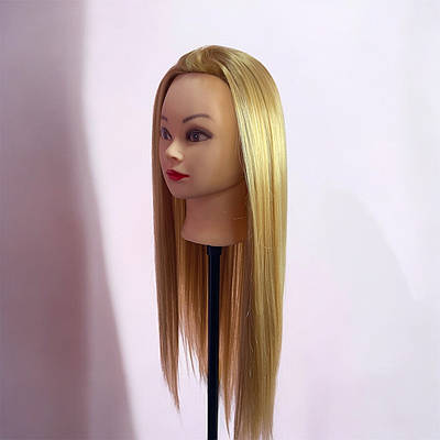 Голова навчальна манекен для зачісок з настільним кріпленням 30% натурального волосся, довжина 60-65см, золотистий