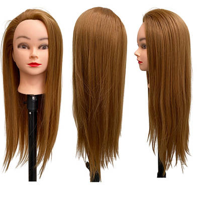 Навчальна манекен голова для зачісок стрижок болванка з волоссям штучна термо світло-каштанова